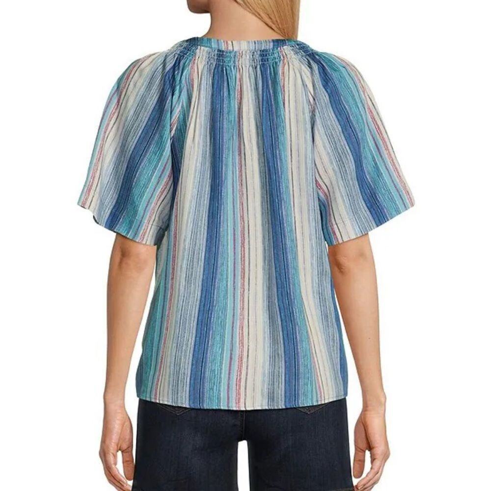 Westbound Stripe Woven Short Sleeve Y-Neck Button Front Top Size 2X - Picture 2 of 5